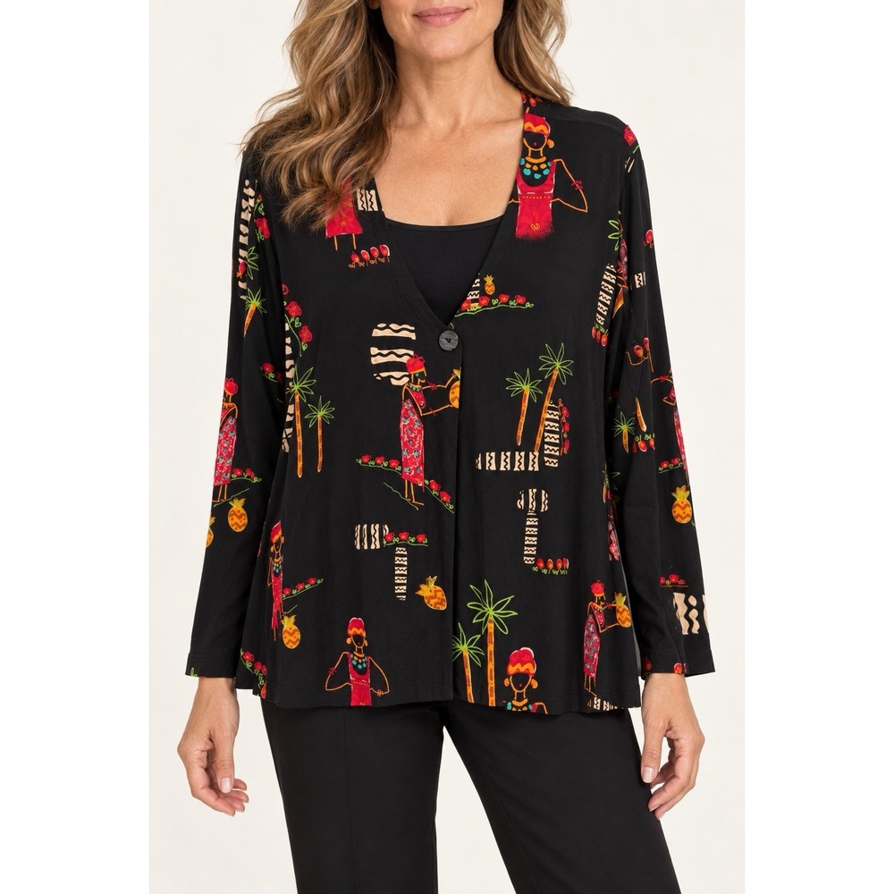 Chico's Travelers Cardigan Womens 2 L Black Tropical Art One Button Cardigan